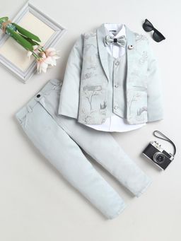 FOURFOLDS - Boys Grey Jacquard Woven Shirt Blazer and Pant with Bow