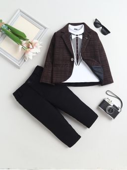 FOURFOLDS - Boys Brown Cotton Checked Blazer T-Shirt and Pant