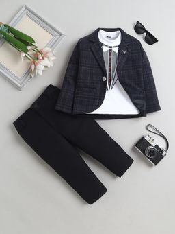 FOURFOLDS - Boys Charcoal Cotton Checked Blazer T-Shirt and Pant