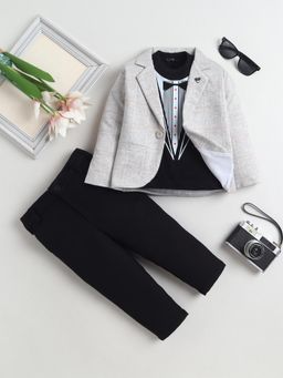 FOURFOLDS - Boys Beige Cotton Checked Blazer T-Shirt and Pant