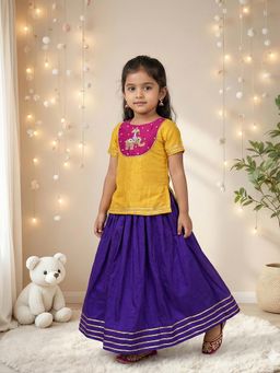 JILMIL - Girls Mustard Elephant Kurta and Lehenga