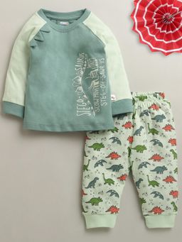 Bumzee - Green Boys Full Sleeves Cotton T-Shirt and Pyjama
