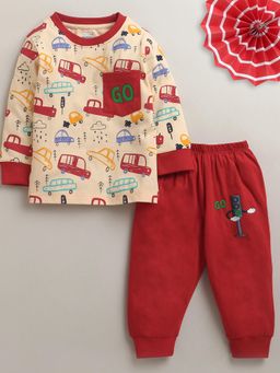 Bumzee - Red Boys Full Sleeves Cotton T-Shirt and Pyjama