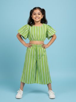 KiddoPanti - Girls Green Rayon Striped Co-Ord Set