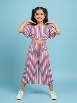 KiddoPanti - Girls Pink Rayon Striped Co-Ord Set