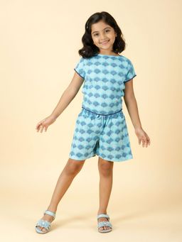 KiddoPanti - Girls Blue Cotton Pom Pom Lace Top and Shorts
