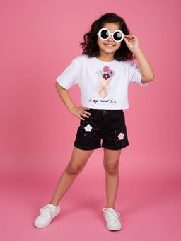 KiddoPanti - Girls Cotton Chest Printed Crop T-Shirt and Shorts