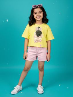 KiddoPanti - Girls Cotton Chest Printed Crop T-Shirt and Shorts