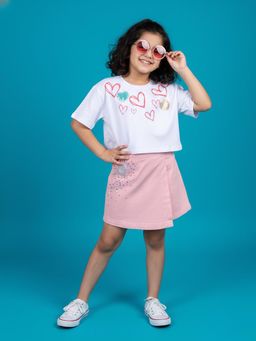 KiddoPanti - Girls Cotton Chest Printed Crop T-Shirt and Skort