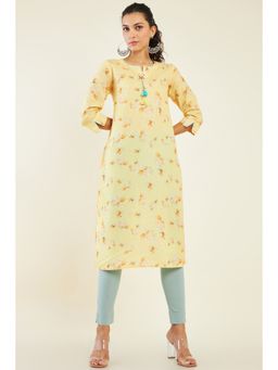 Soch - Women Mustard Linen Printed Kurta