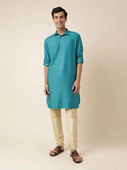 Fabindia - Teal Viscose Silk Regular Fit Pathani Kurta