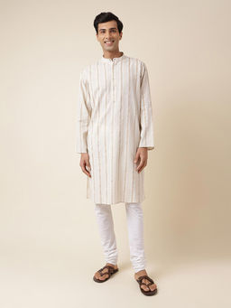 Fabindia - Off White Cotton Linen Printed Long Kurta