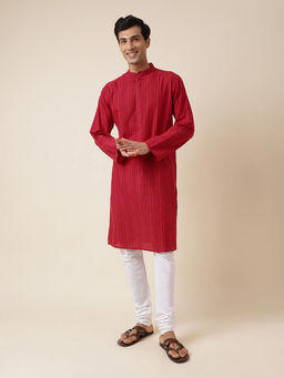 Fabindia - Red Cotton Striped Long Kurta
