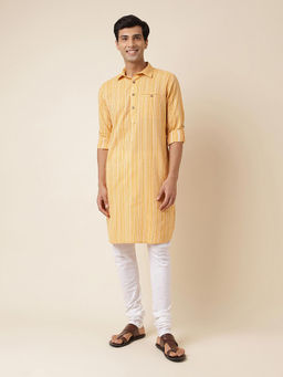 Fabindia - Yellow Cotton Dobby Pathani Kurta