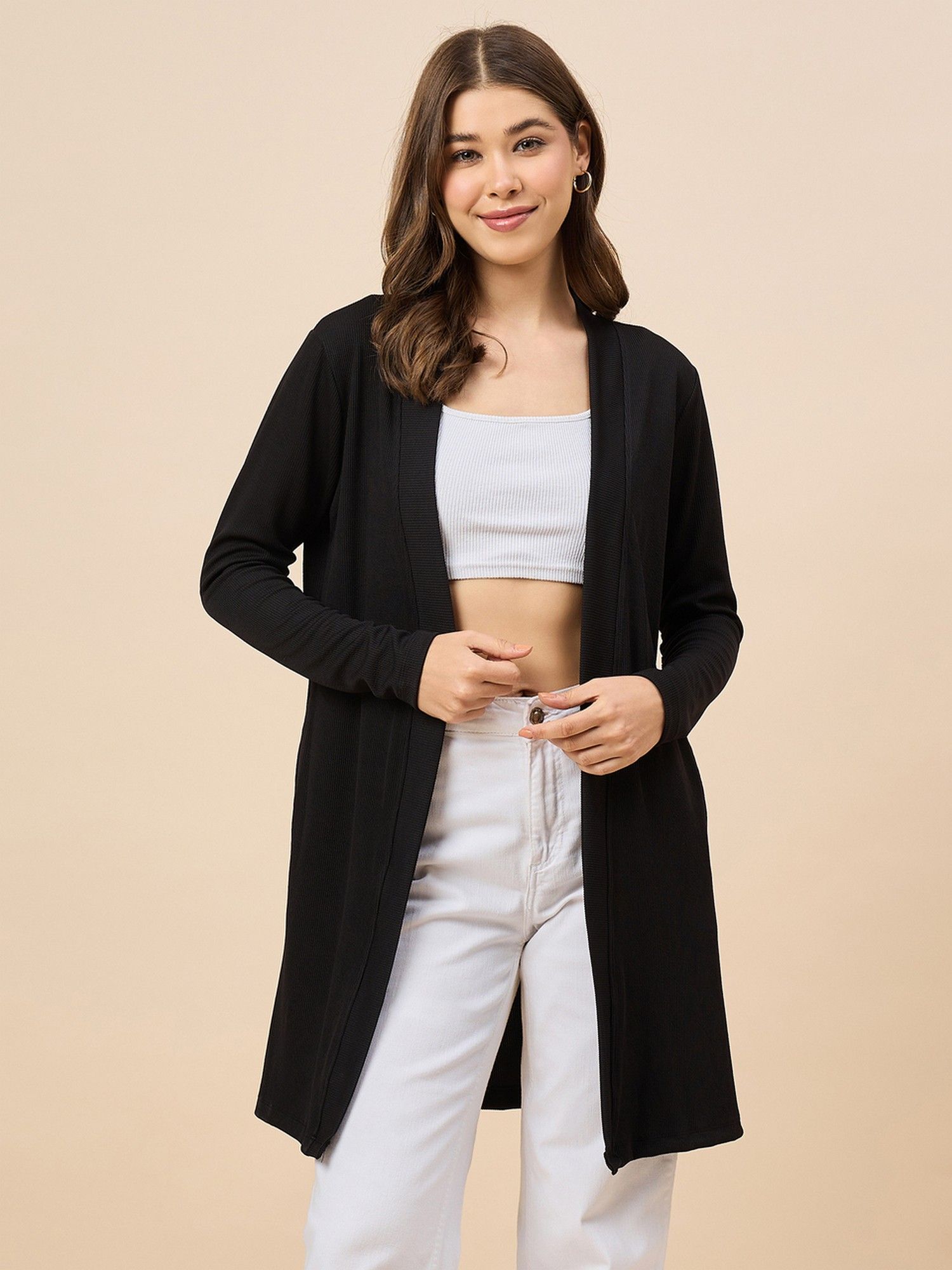 style quotient Solid Texture Beige Regular Fit Open Front Longline Shrug-picture-38