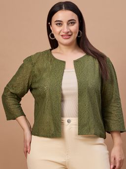 Style Quotient - Self Design Olive Cotton Smart Casual Shrug