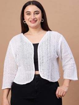 Style Quotient - Plus Cotton White Lace Self Design Shrug