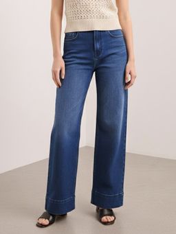 PURVAJA - Blue Straight Leg Loose Fit High Rise Flat Front Jeans