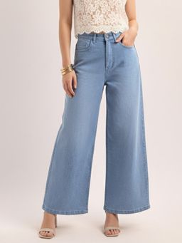 PURVAJA - Blue Wide Leg High Rise Flat Front Jeans
