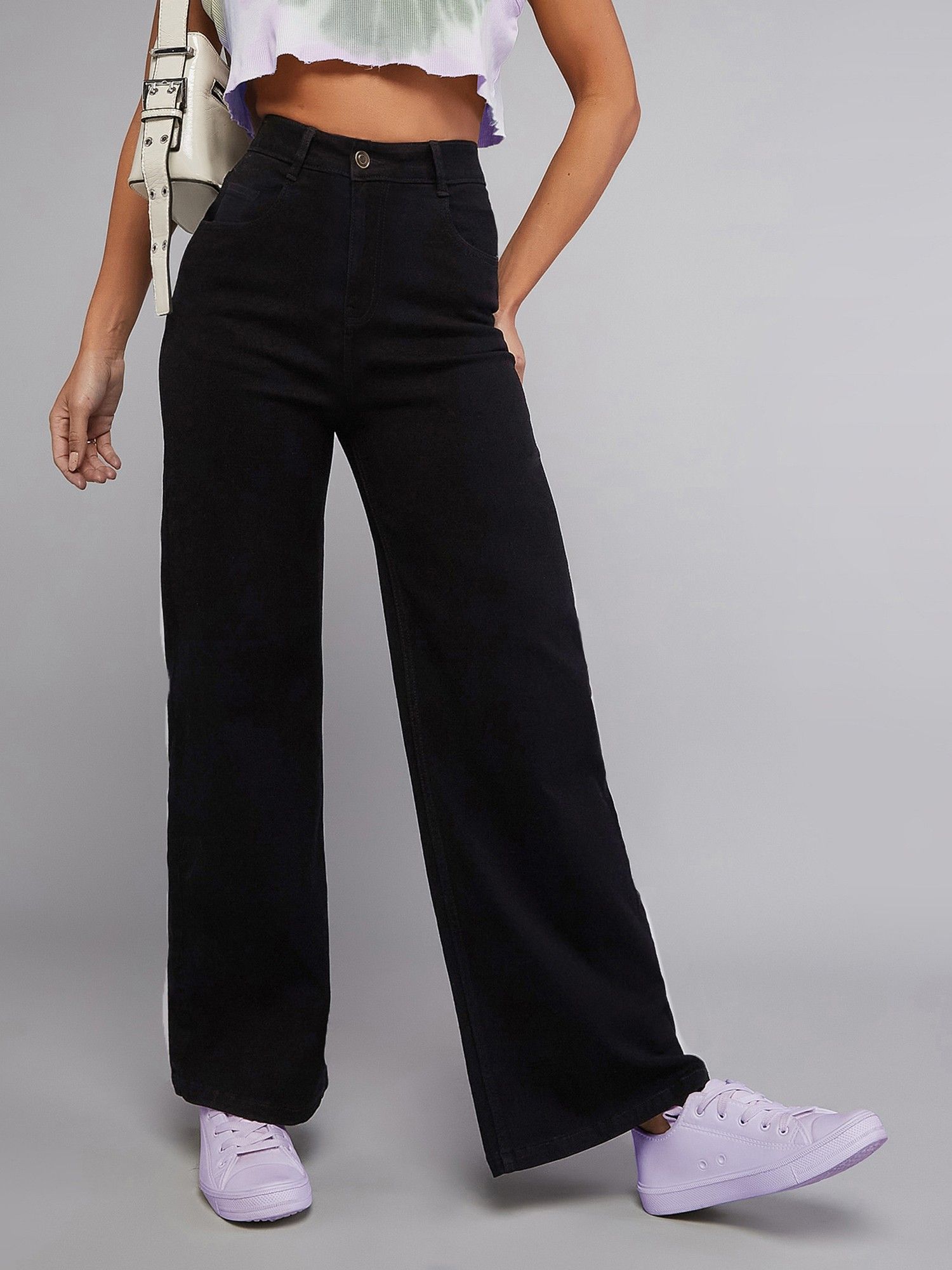 dolce crudo Black Wide Leg High Rise Clean Look Stretchable Denim Jeans-picture-12