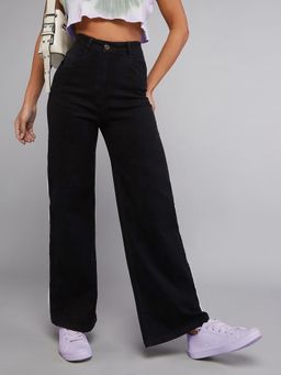 DOLCE CRUDO - Black Wide Leg High Rise Clean Look Stretchable Denim Jeans