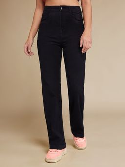 DOLCE CRUDO - Black Straight High Rise Clean Look Stretchable Denim Jeans