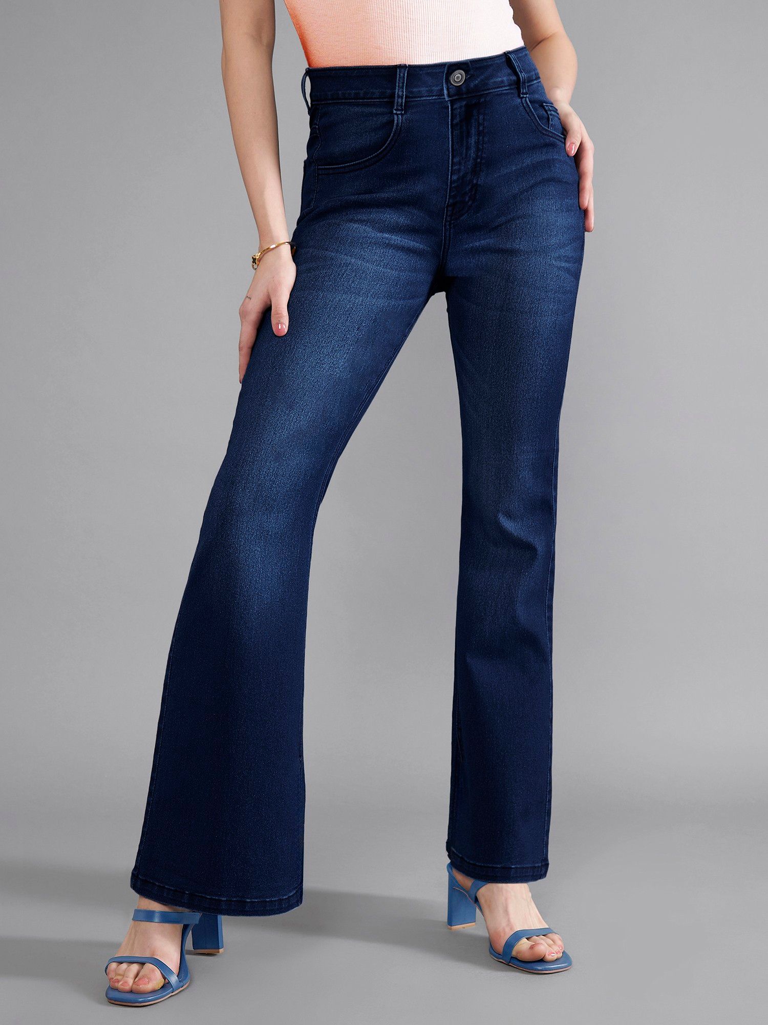 dolce crudo Navy Blue High-Rise Clean-Look Flared Denim Jeans-picture-30