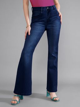 DOLCE CRUDO - Navy Blue High-Rise Clean-Look Stretchable Flared Denim Jeans