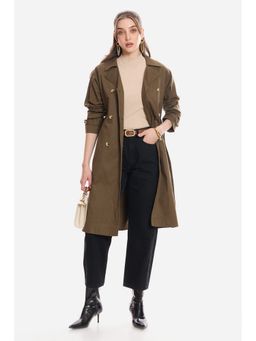 Virgio - Olive Solid Cotton Belted Long Trench Overcoat