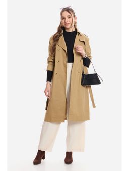 Virgio - Beige Solid Cotton Belted Heritage Long Trench Overcoat