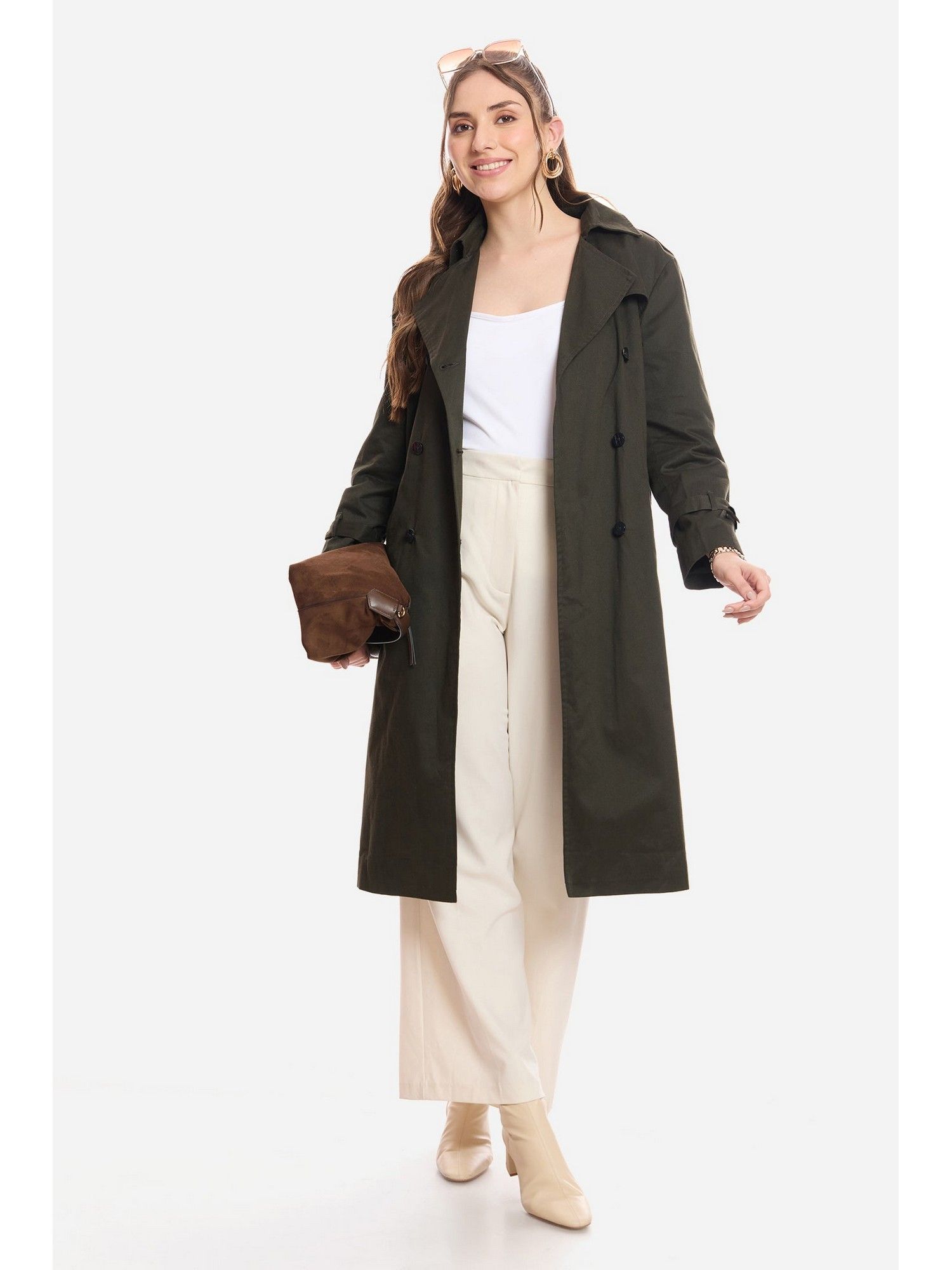 virgio Green Solid Cotton Belted Heritage Long Trench Overcoat-picture-26