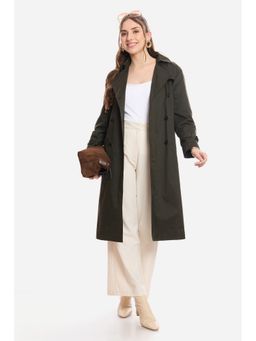 Virgio - Green Solid Cotton Belted Heritage Long Trench Overcoat
