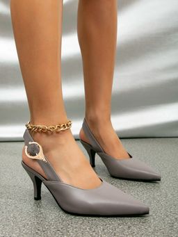 Shoetopia - Grey Pointed Toe Pumps Buckle Closure