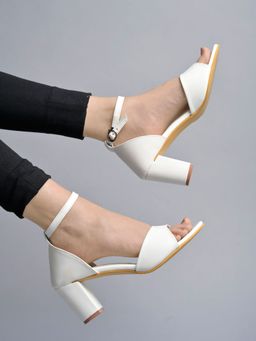 Shoetopia - Stylish Ankle Strap White Block Heeled Sandals