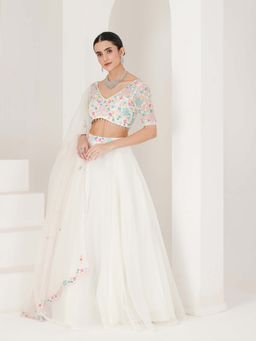 Maive - White Floral Hand Embroidered Lehenga with Blouse and Dupatta (Set of 3)
