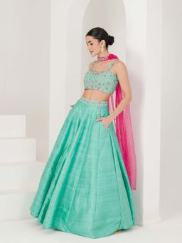 Maive - Sea Green Hand Embroidered Lehenga with Blouse and Dupatta (Set of 3)