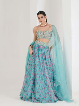 Maive - Blue Print Hand Embroidered Lehenga with Blouse and Dupatta (Set of 3)