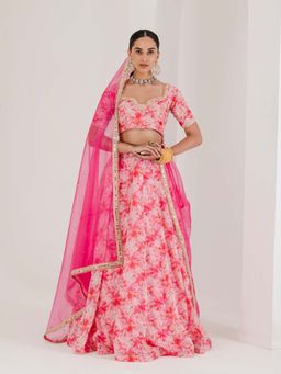 Maive - Pink Floral Print Embroidered Lehenga with Blouse and Dupatta (Set of 3)