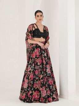 Maive - Black Floral Print Lehenga With Cape and Blouse (Set of 3)