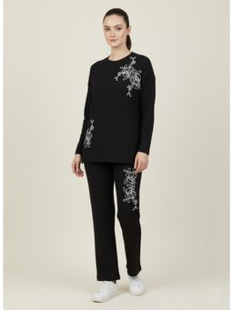 WINEBERRY - Women Black Floral Motifs Print Full Sleeve Mini Tricot Co-Ord Set