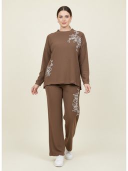 WINEBERRY - Women Brown Floral Motifs Print Full Sleeve Mini Tricot Co-Ord Set