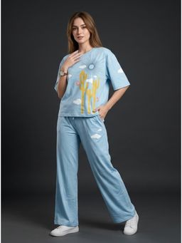 WINEBERRY - Women Blue Printed T-Co-Ord Set