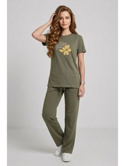 WINEBERRY - Women Olive Printed T-Co-Ord Set