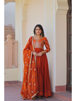 JATRIQQ - Orange Fendy Fabric with Zari Embroidered Work Gown with Dupatta (Set of 2)