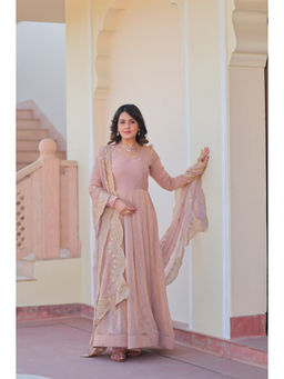 JATRIQQ - Beige Fendy Chiffon with 12 Kali Stitched Gown with Dupatta (Set of 2)