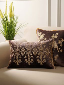 Pure Home + Living - Purple Brown Embroidered Velvet Rectangle Cushion Cover (12X18 Inches)