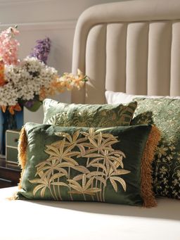 Pure Home + Living - Green Gold Palm Embroidered Velvet Cushion Cover (12X18 Inches)