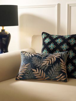 Pure Home + Living - Navy Embroidered Velvet Rectangle Cushion Cover (12X18 Inches)