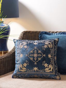Pure Home + Living - Navy Gold Embroidered Velvet Square Cushion Cover (16X16 Inches)