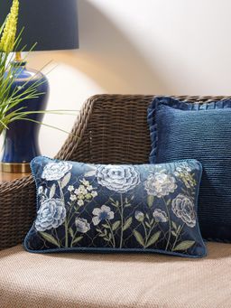 Pure Home + Living - Navy Floral Embroidered Rectangle Cushion Cover (12X18 Inches)